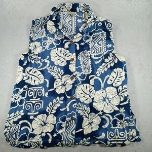 Aloha Hut Womens Sleeveless Top Blue Hibiscus L Tropical Button Down‎